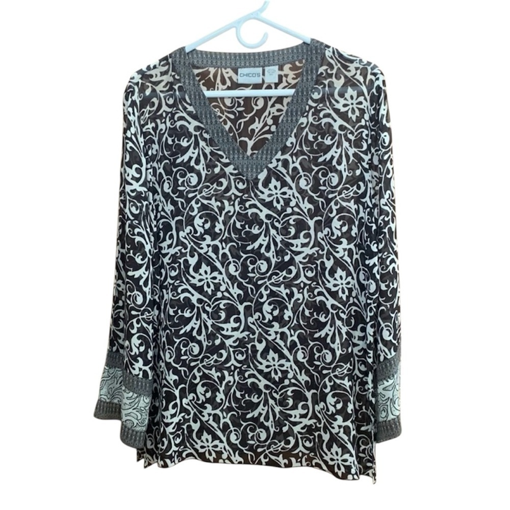 Chicos Brown And Cream Floral And Vine Tunic